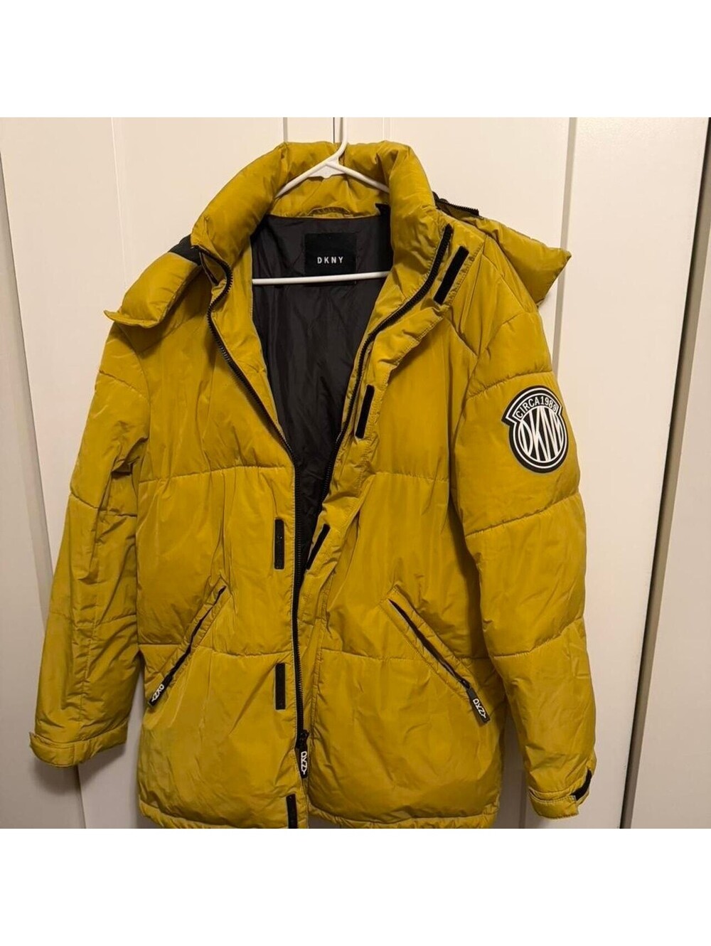 DKNY Mustard Yellow Puffer Jacket with Hood and Logo Patch M